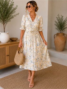 Simple Retro Floral Midi Dress Size Large Cottagecore Puff Sleeve Belted